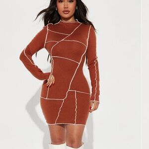 Fashion Nova Geometric Stitch Mini Dress - Brown